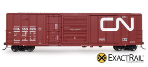 FMC 5277 "Combo Door" Boxcar : CN : 1985 "Wet Noodle" with 9 Panel Roof - ExactRail Model Trains - 2